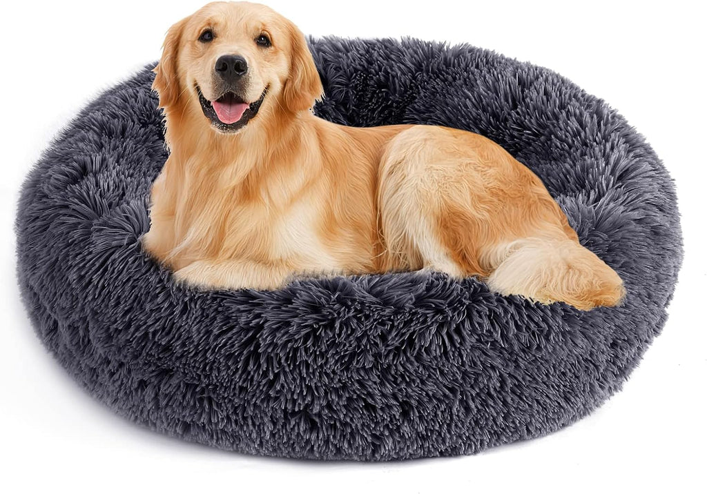 Indulge Your Pet with the Ultimate Calming Donut Dog Bed - Plush Faux Fur, Non-Slip Base & Machine Washable for Small to Medium Dogs and Cats