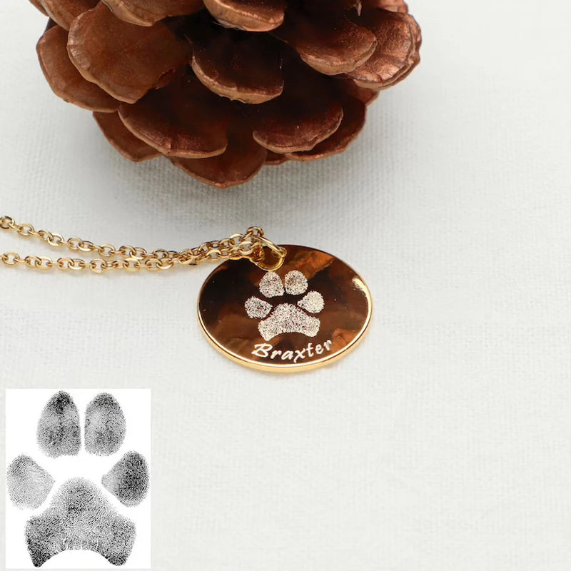 Personalized 18K Gold Plated Paw Print Necklace - Custom Engraved Pet Jewelry for Dog and Cat Lovers