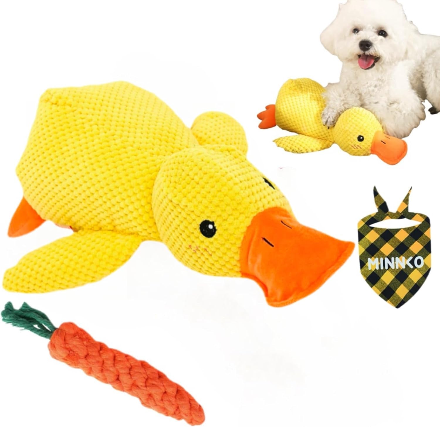 Mellow Dog 2026 Upgraded Calming Duck Toy - Interactive Yellow Stuffed Duck with Carrot for All Dog Sizes - Perfect Chew Toy for Indoor Play and Stress Relief