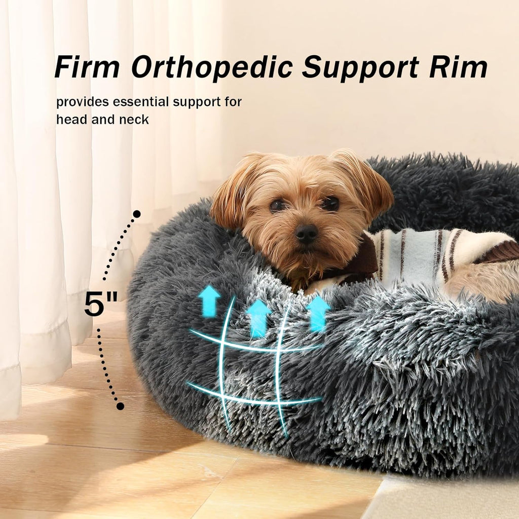 Indulge Your Pet with the Ultimate Calming Donut Dog Bed - Plush Faux Fur, Non-Slip Base & Machine Washable for Small to Medium Dogs and Cats