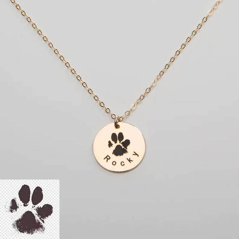 Personalized 18K Gold Plated Paw Print Necklace - Custom Engraved Pet Jewelry for Dog and Cat Lovers