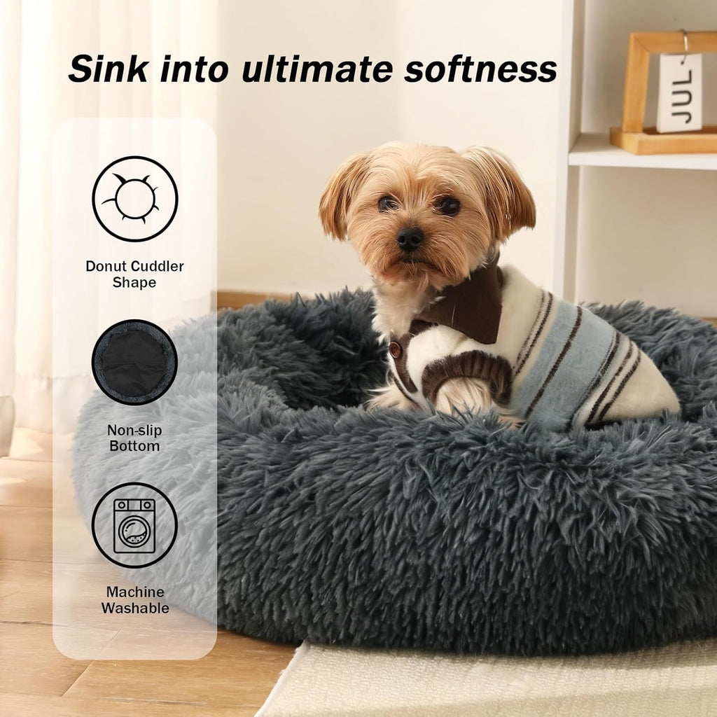 Indulge Your Pet with the Ultimate Calming Donut Dog Bed - Plush Faux Fur, Non-Slip Base & Machine Washable for Small to Medium Dogs and Cats