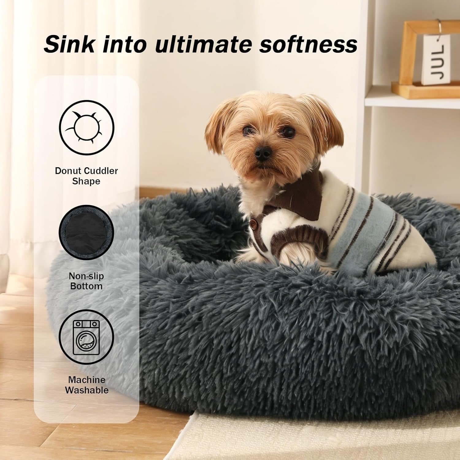 Indulge Your Pet with the Ultimate Calming Donut Dog Bed - Plush Faux Fur, Non-Slip Base & Machine Washable for Small to Medium Dogs and Cats