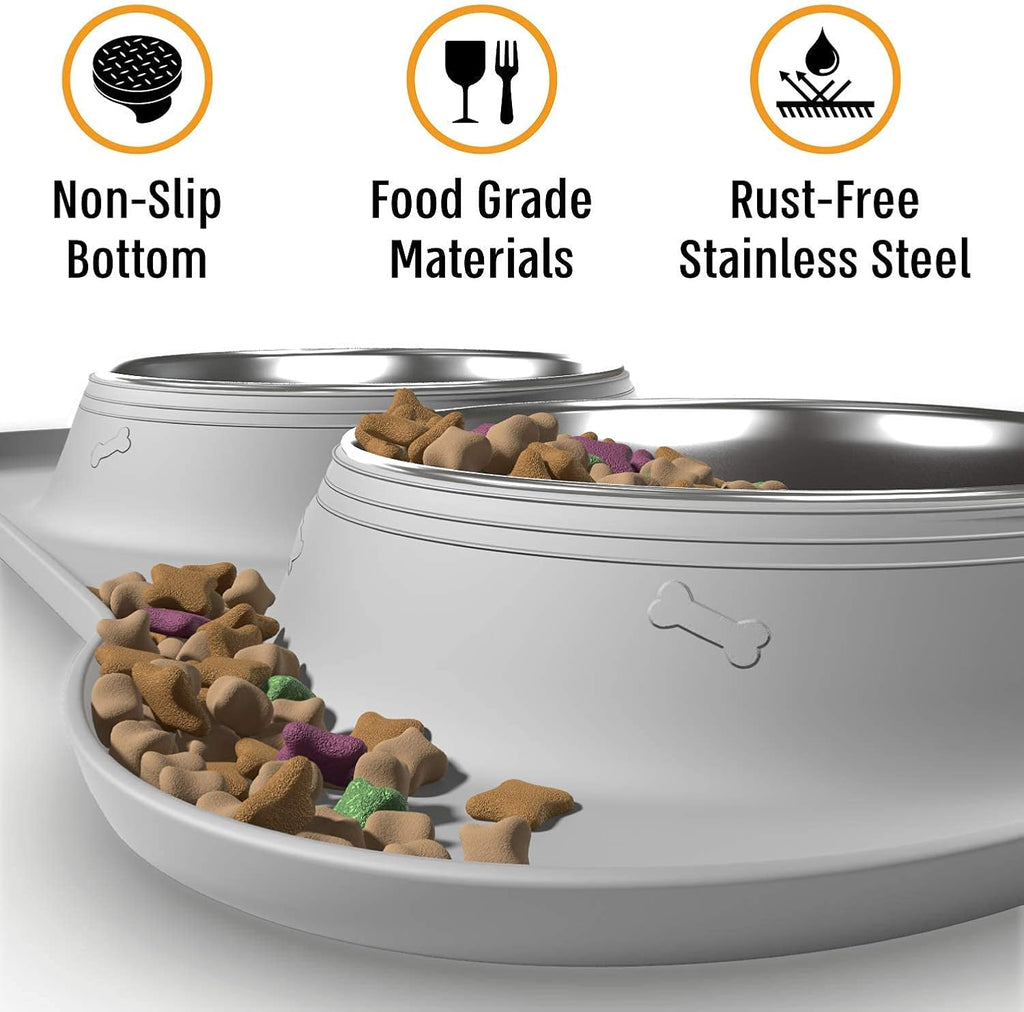 Ultimate No Spill Dog Bowl Set: Stainless Steel Food & Water Bowls with Skid Resistant Silicone Mat for Small, Medium, & Large Breeds