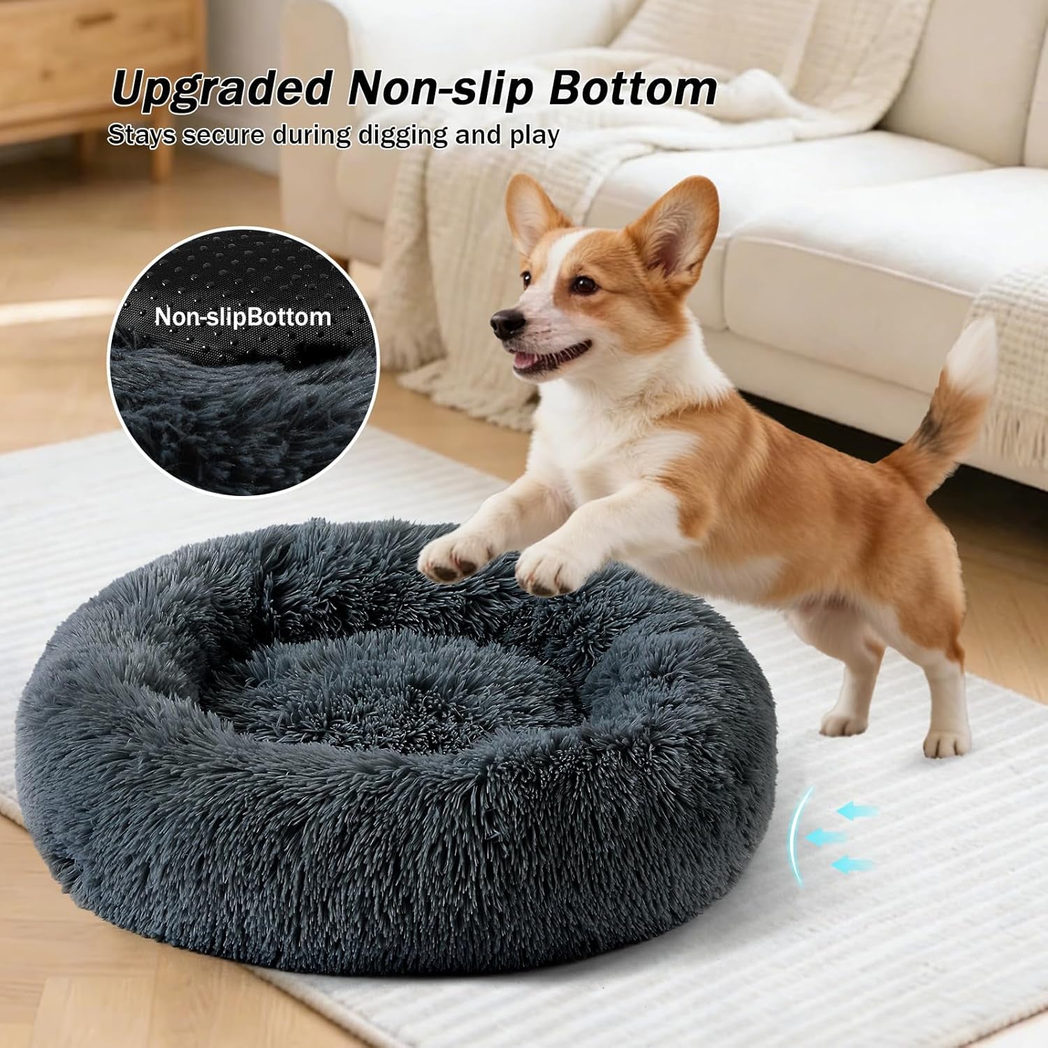 Indulge Your Pet with the Ultimate Calming Donut Dog Bed - Plush Faux Fur, Non-Slip Base & Machine Washable for Small to Medium Dogs and Cats