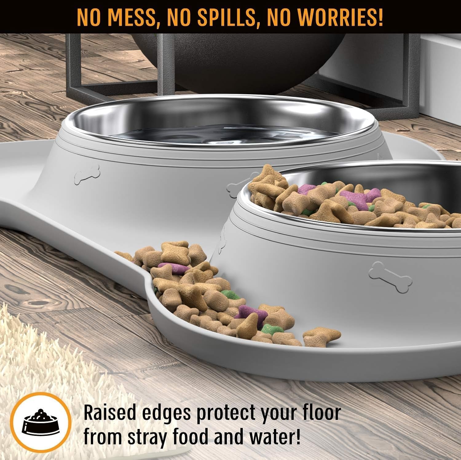 Ultimate No Spill Dog Bowl Set: Stainless Steel Food & Water Bowls with Skid Resistant Silicone Mat for Small, Medium, & Large Breeds